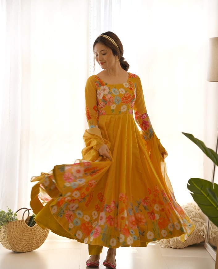 Breathtaking Organza Silk Floral Printed Designer Anarkali Pant Suit