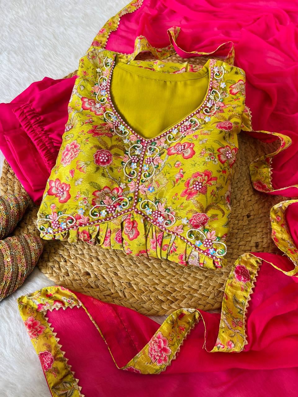 Hypnotic Yellow Soft Chinon Floral Printed Handworked Anarkali Pant Suit