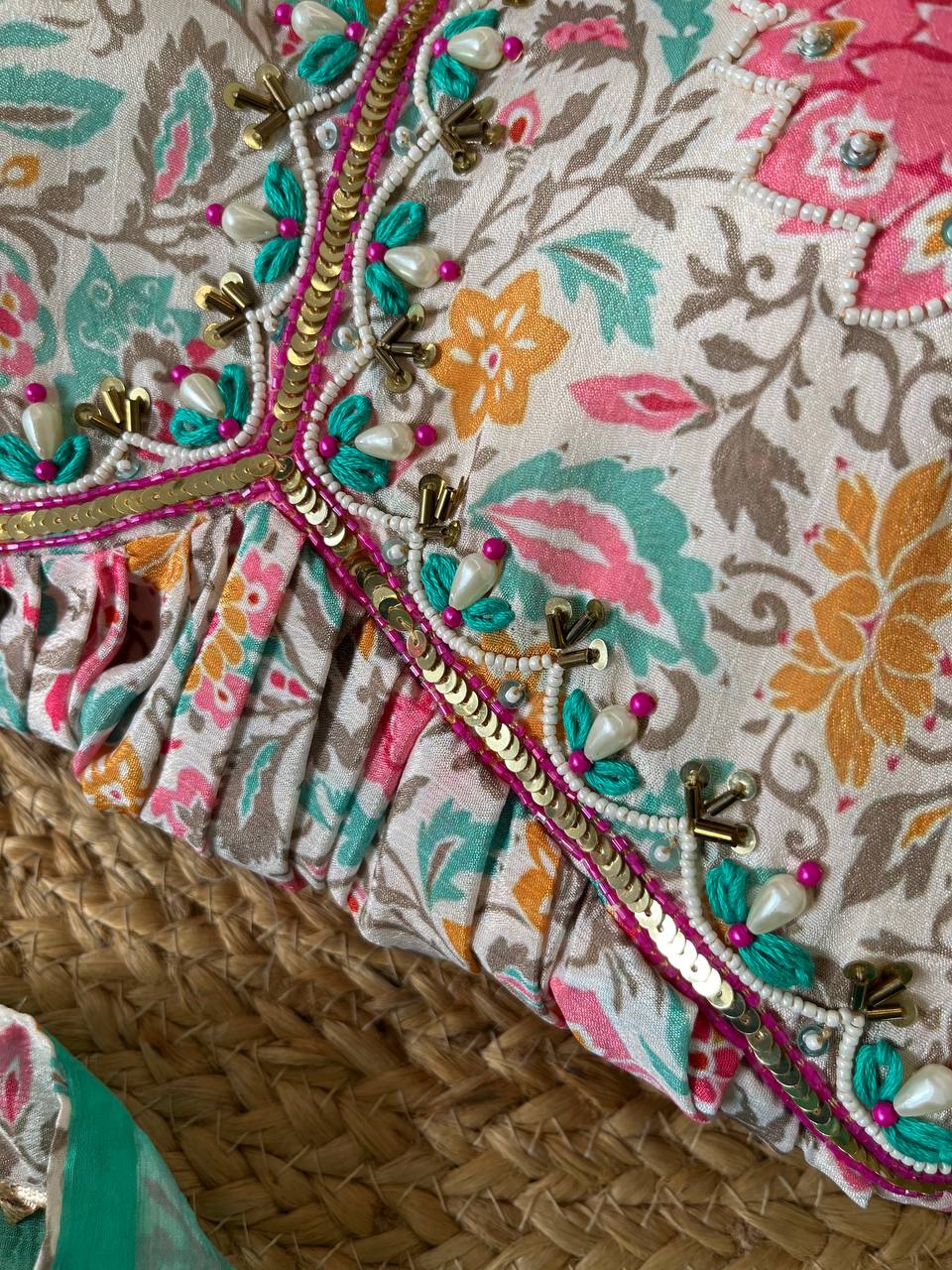 Lovely Soft Chinon Floral Printed Handworked Festival Wear Anarkali Pant Suit