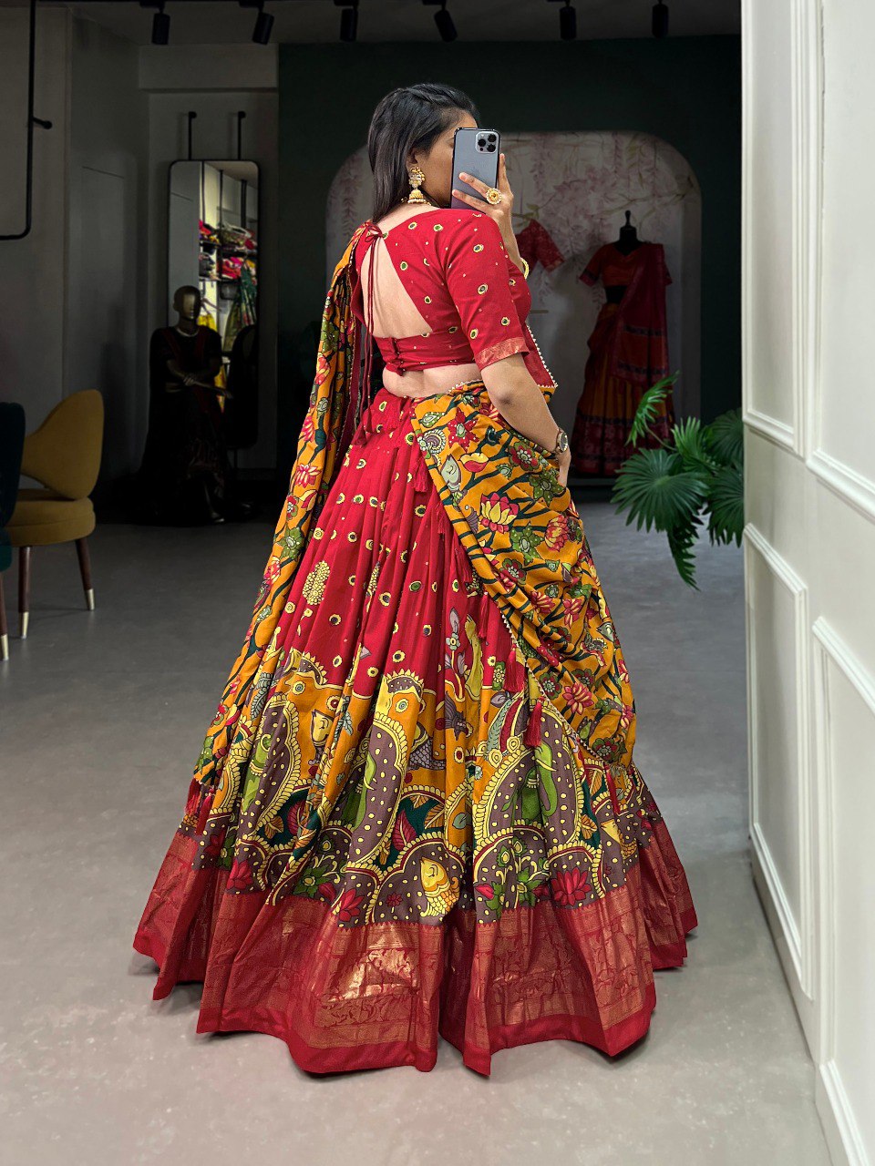 Stunning Tussar Silk Kalamkari Printed Foil Worked Lehenga Choli