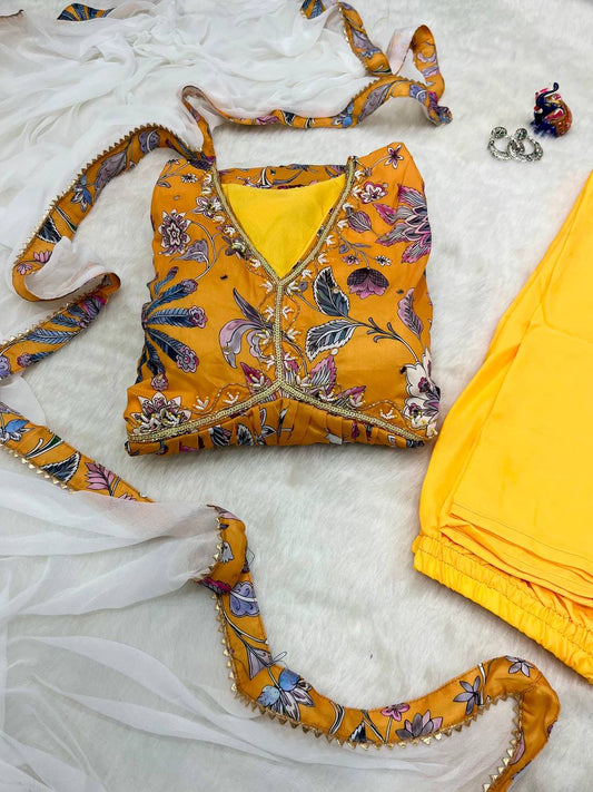 Radiant Yellow Soft Cotton Printed Handworked Anarkali Pant Suit