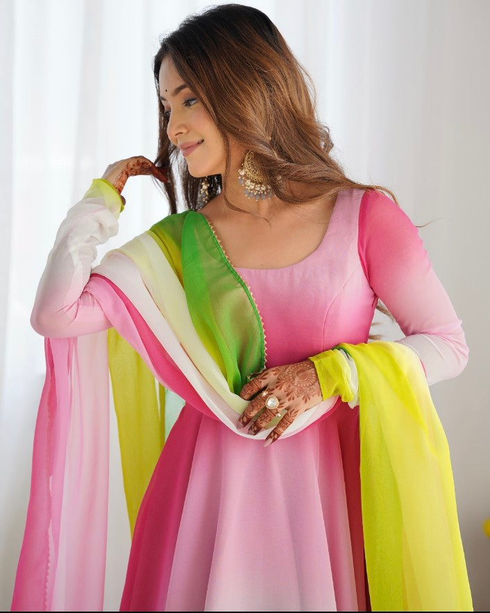 Spectacular Shaded Digital Printed Faux Georgette Anarkali Pant Suit