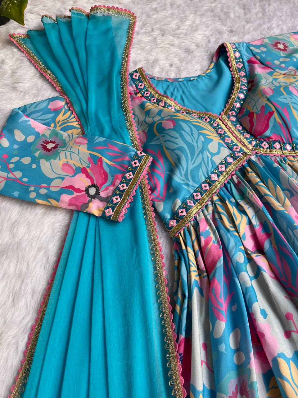 Spectacular Soft Cotton Printed Handworked Anarkali Pant Suit