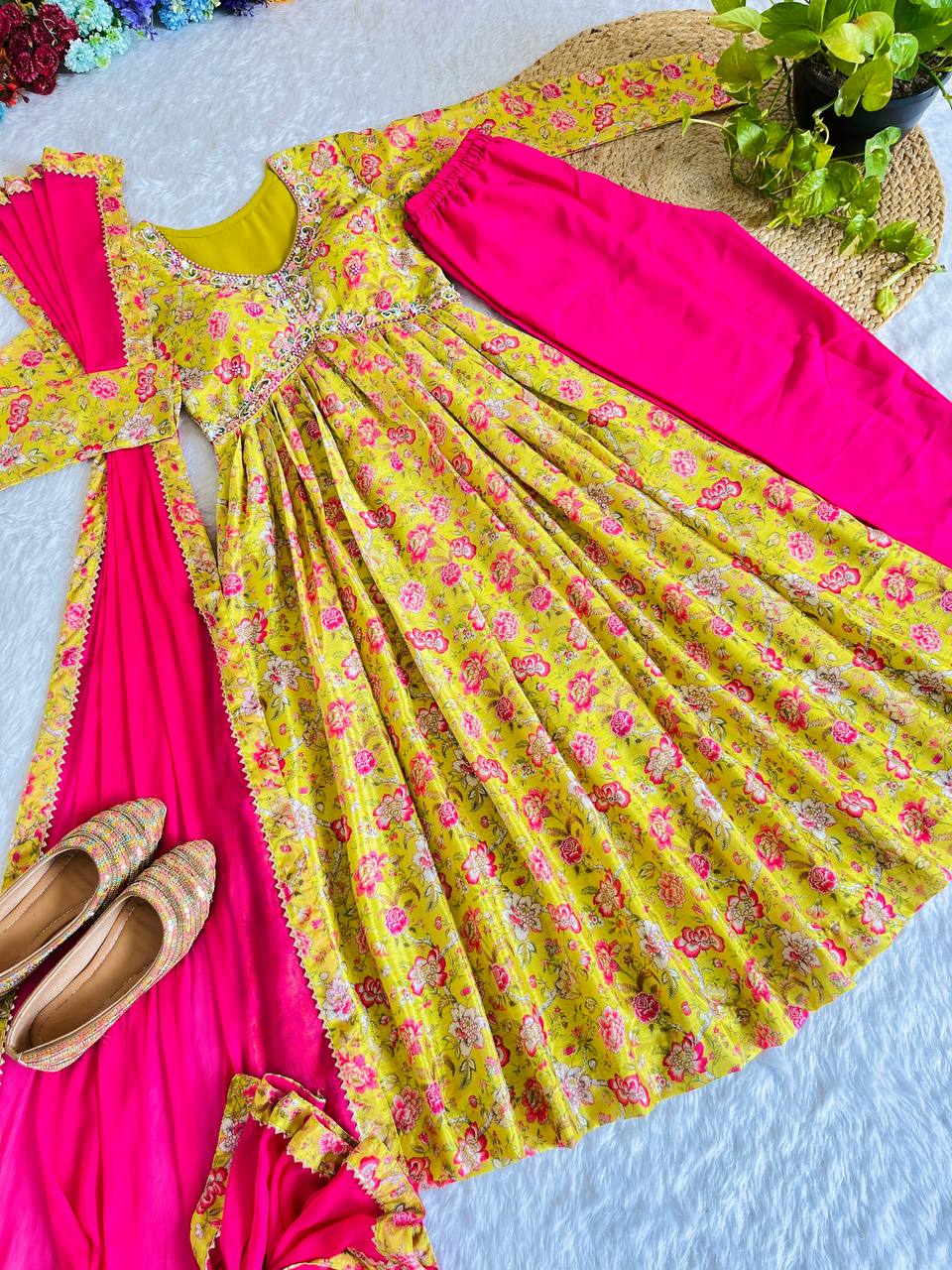 Hypnotic Yellow Soft Chinon Floral Printed Handworked Anarkali Pant Suit