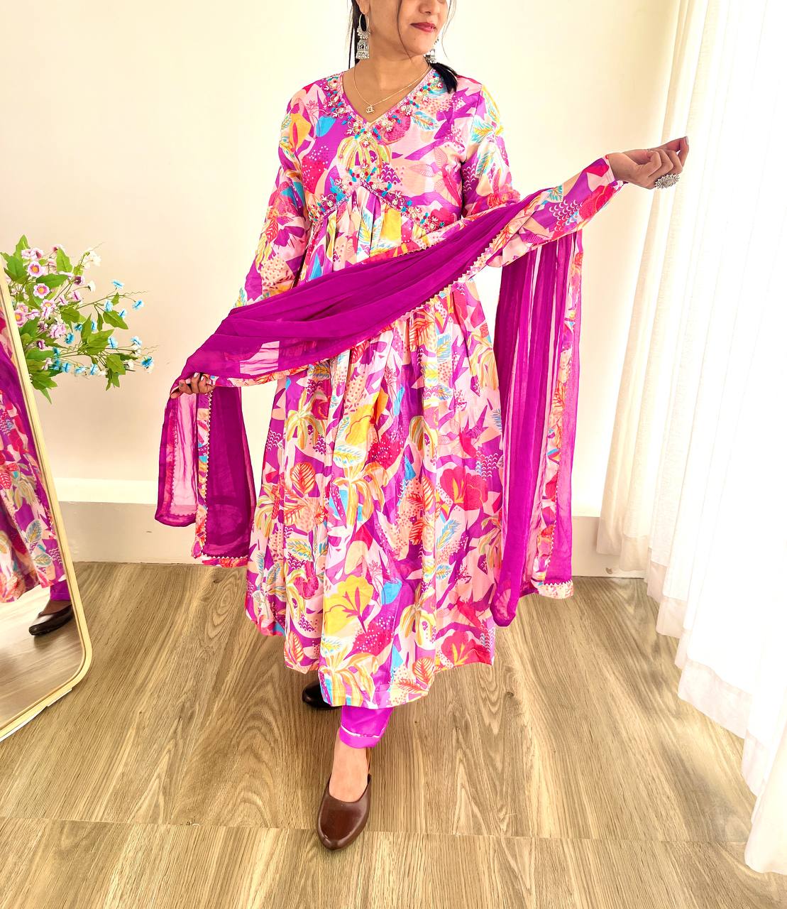 Spellbinding Soft Chinon Floral Printed Handworked Anarkali Pant Suit
