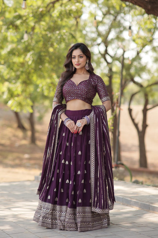 Mesmerizing Wine Faux Georgette Sequins Embroidered Wedding Lehenga Choli