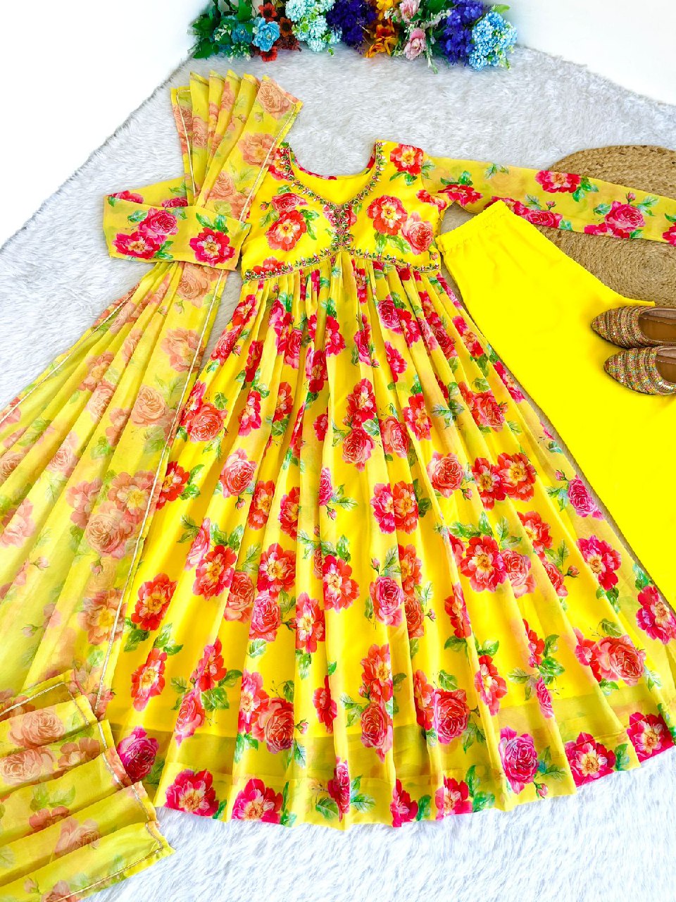 Spellbinding Yellow Faux Georgette Floral Handworked Anarkali Pant Suit