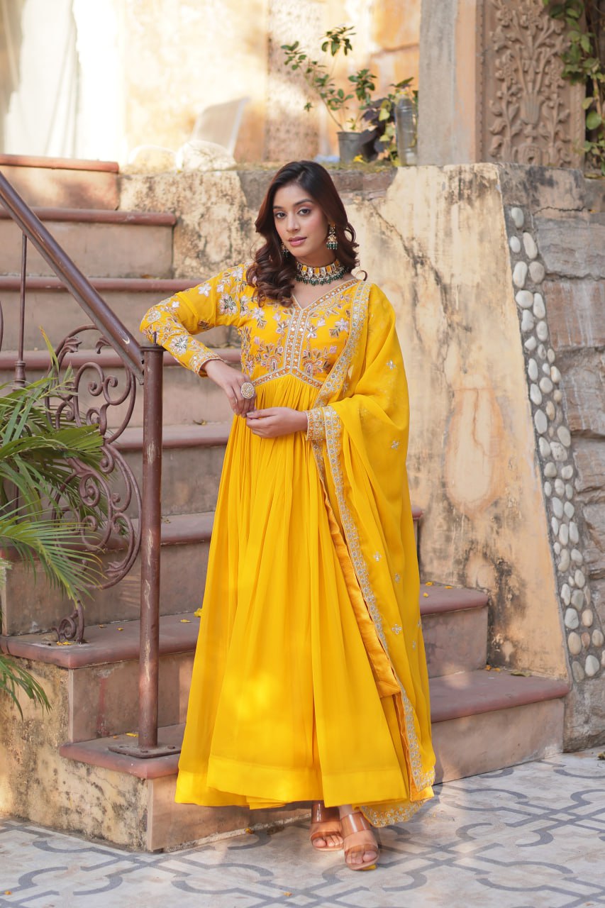 Magnificent Faux Georgette Zari Sequins Embroidered Gown With Dupatta