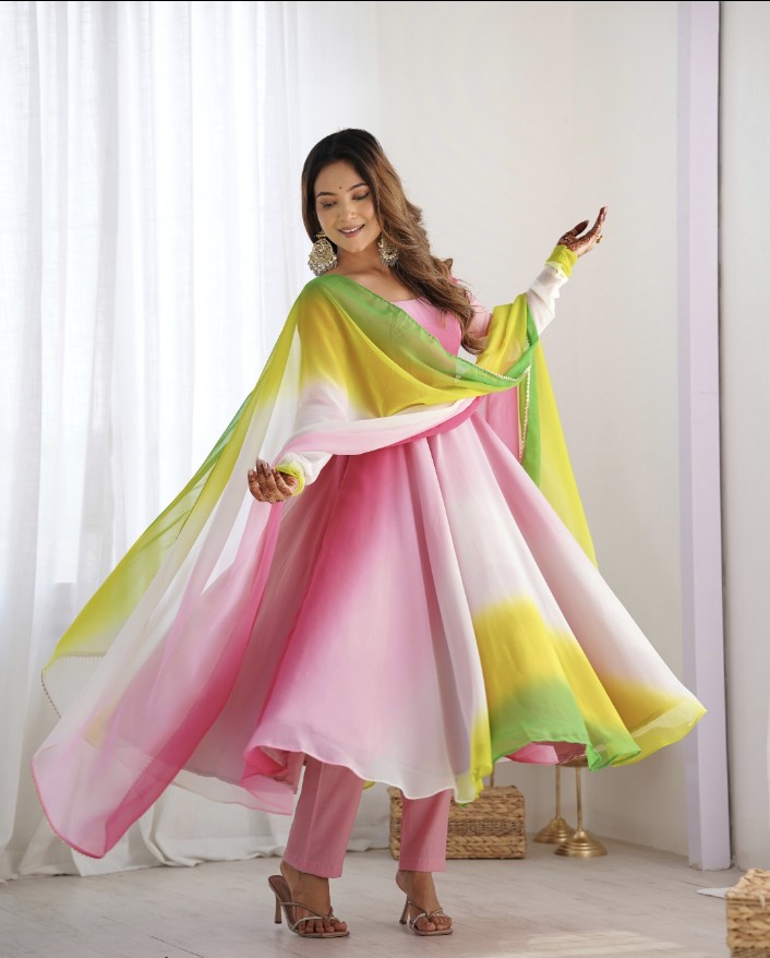 Spectacular Shaded Digital Printed Faux Georgette Anarkali Pant Suit