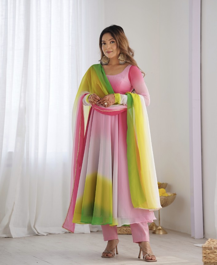 Spectacular Shaded Digital Printed Faux Georgette Anarkali Pant Suit