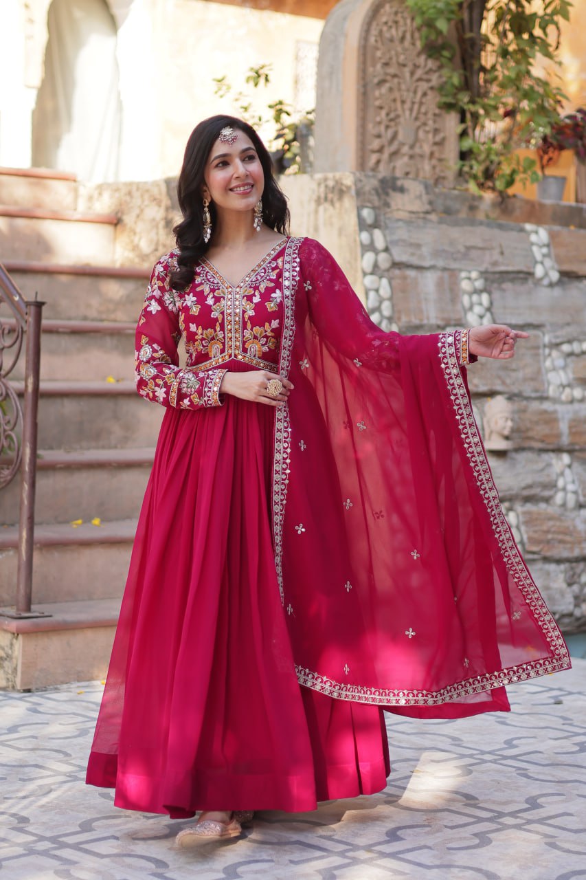 Magnificent Faux Georgette Zari Sequins Embroidered Gown With Dupatta
