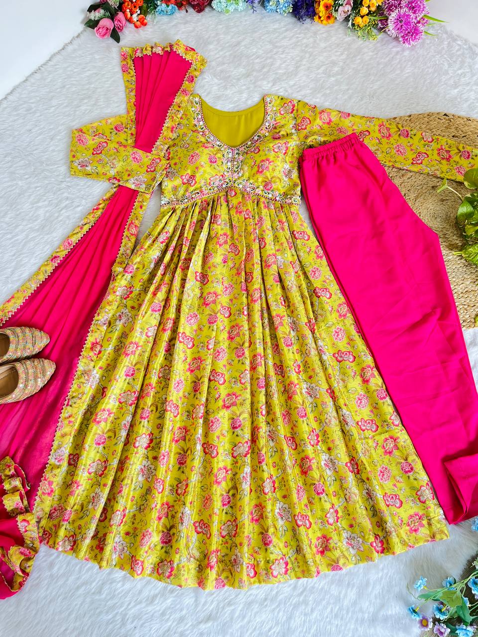Hypnotic Yellow Soft Chinon Floral Printed Handworked Anarkali Pant Suit