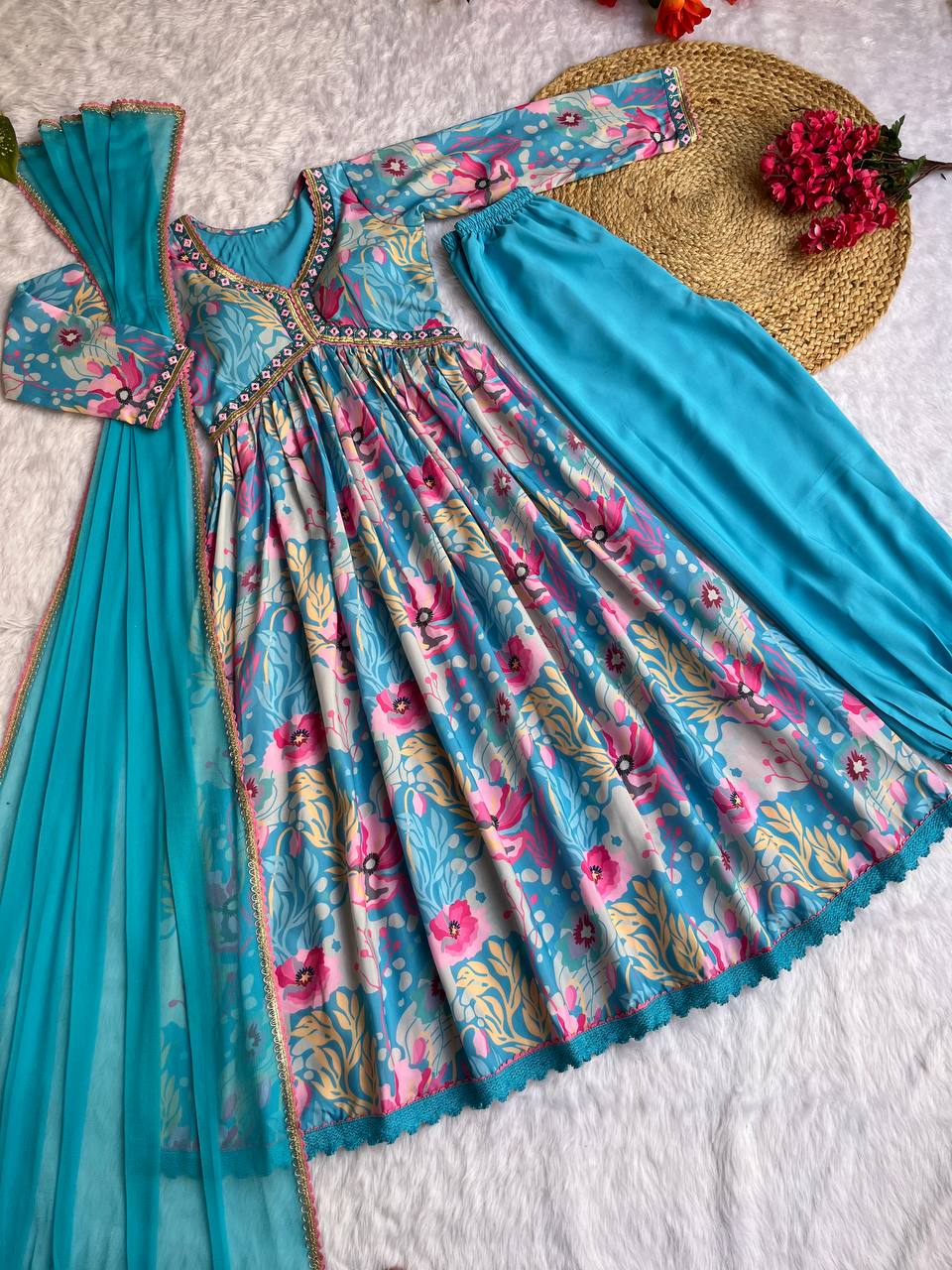 Spectacular Soft Cotton Printed Handworked Anarkali Pant Suit