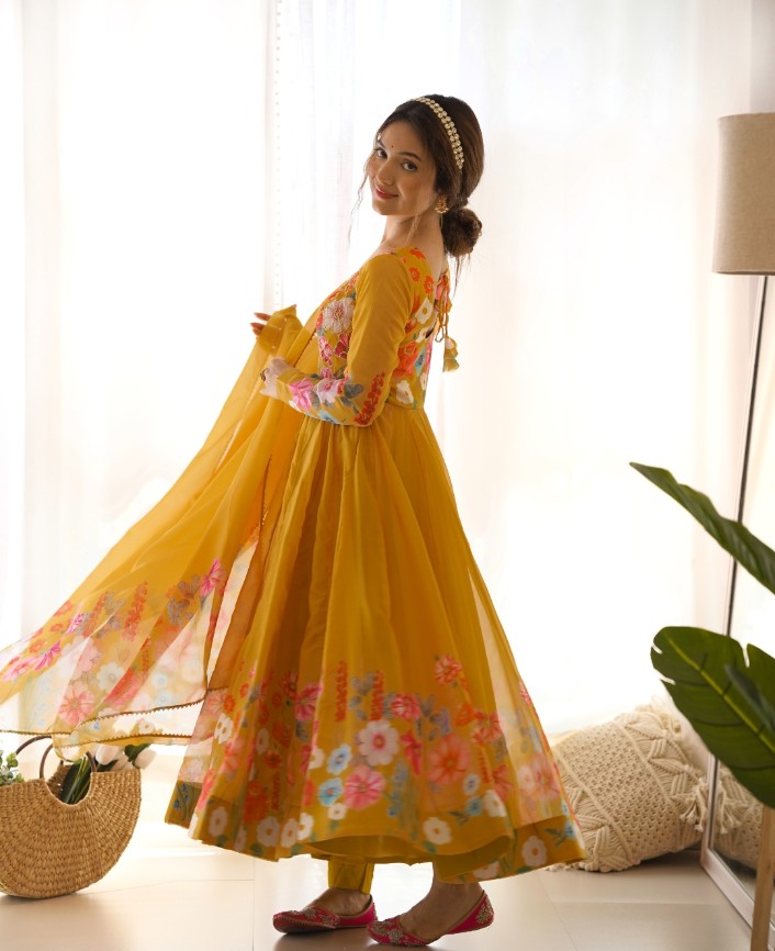 Breathtaking Organza Silk Floral Printed Designer Anarkali Pant Suit