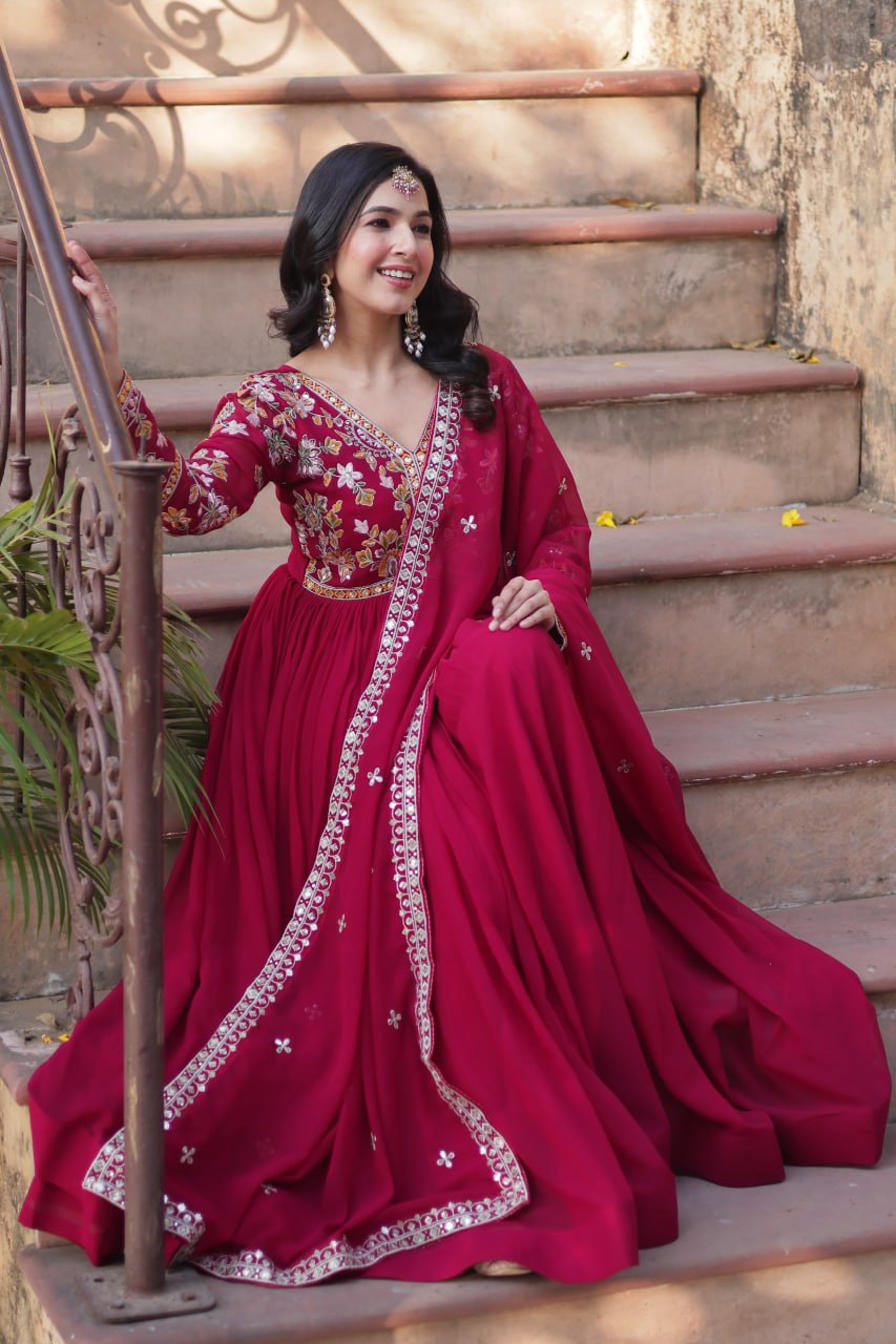 Magnificent Faux Georgette Zari Sequins Embroidered Gown With Dupatta