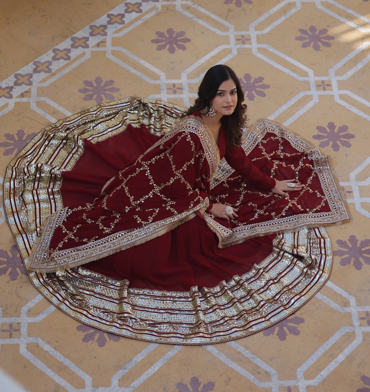 Majestic Maroon Faux Georgette Sequins Embroidered Designer Gown