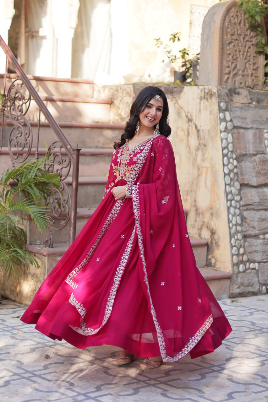 Magnificent Faux Georgette Zari Sequins Embroidered Gown With Dupatta