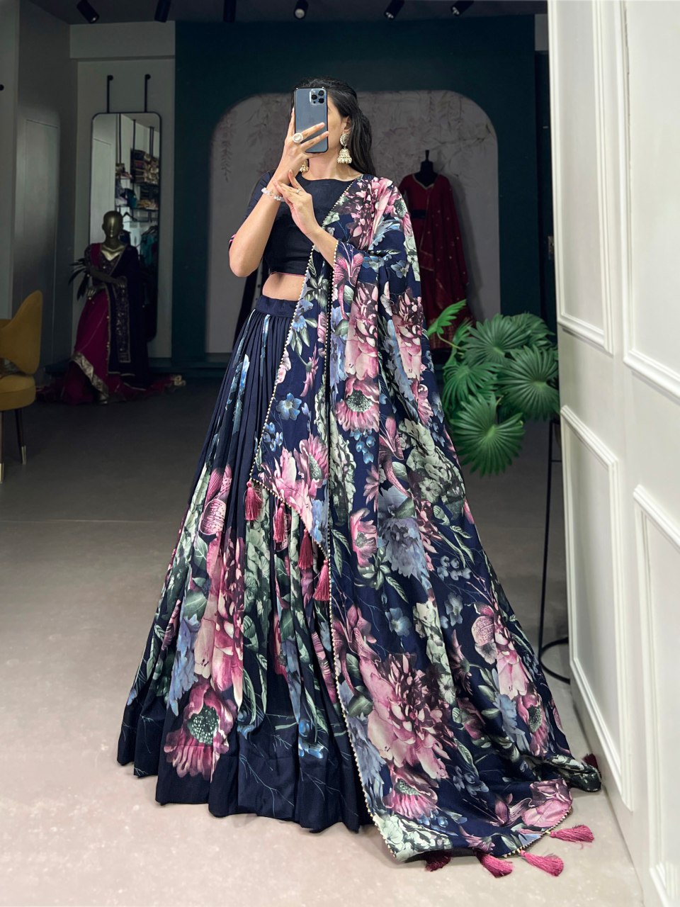 Stylish Tussar Silk Floral Digital Printed Lehe
