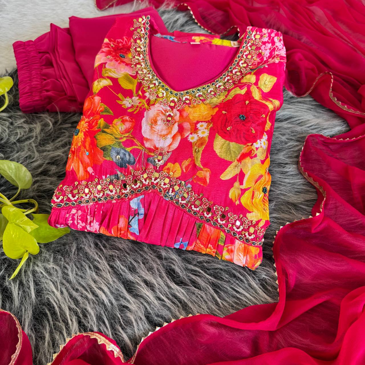 Graceful Pink Floral Printed Handworked Anarkali Pant Suit