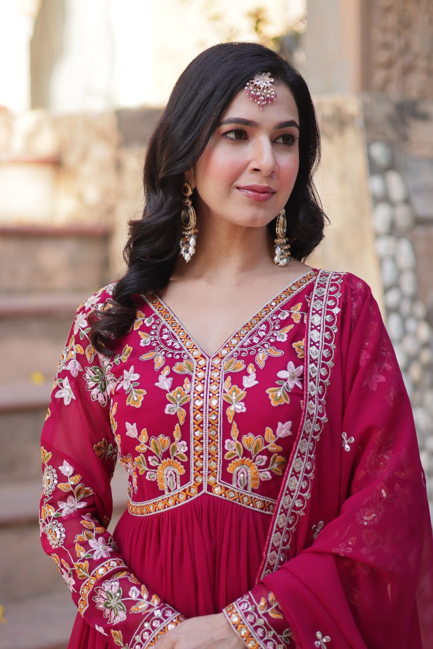 Magnificent Faux Georgette Zari Sequins Embroidered Gown With Dupatta