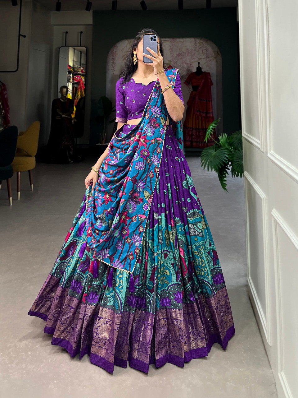 Stunning Tussar Silk Kalamkari Printed Foil Worked Lehenga Choli