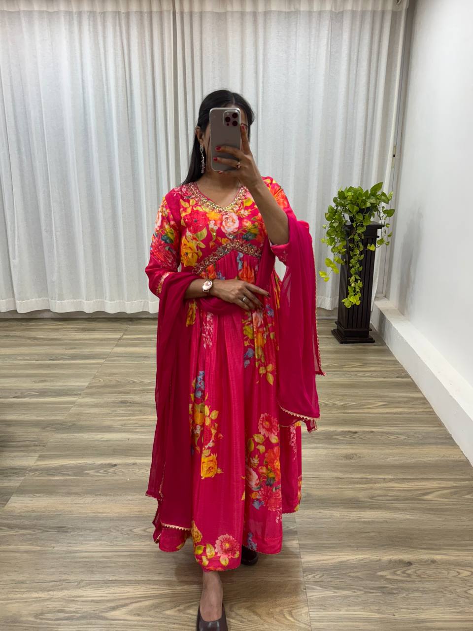 Graceful Pink Floral Printed Handworked Anarkali Pant Suit