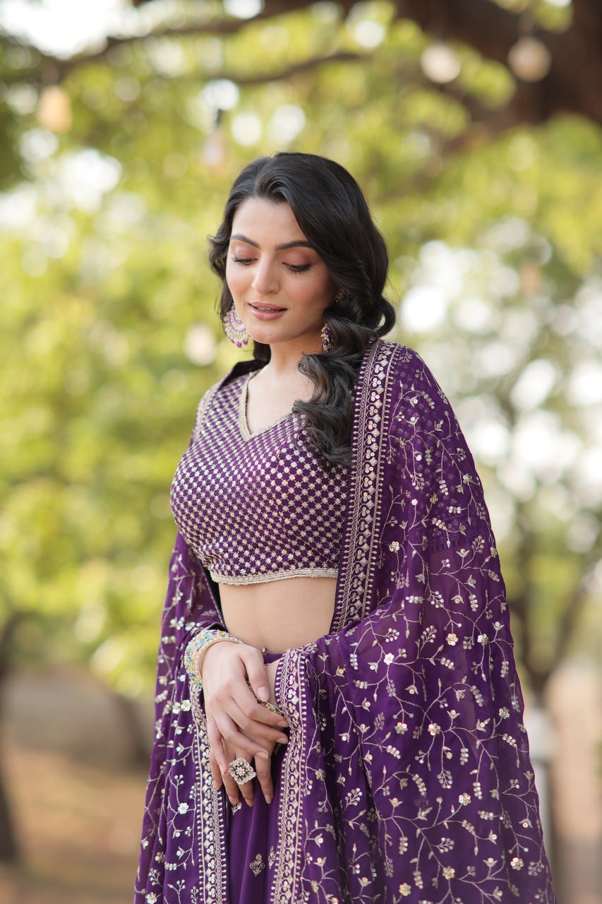 Ravishing Purple Faux Georgette Wedding Wear Lehenga Choli