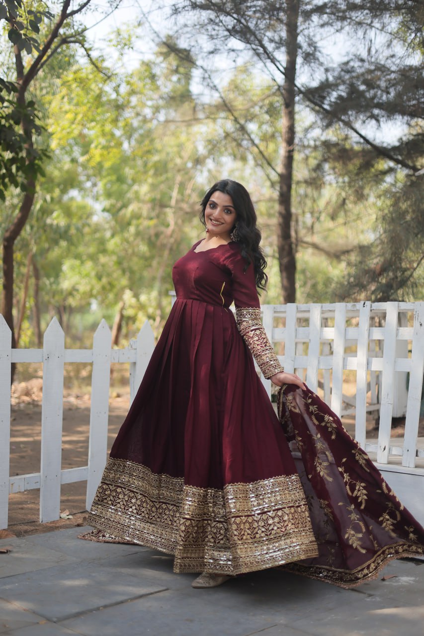 Radiant Rich Sequins Embroidered Designer Gown With Dupatta