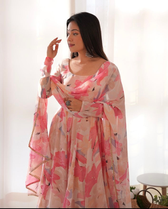 Bewitching Faux Georgette Printed Designer Anarkali Pant Suit