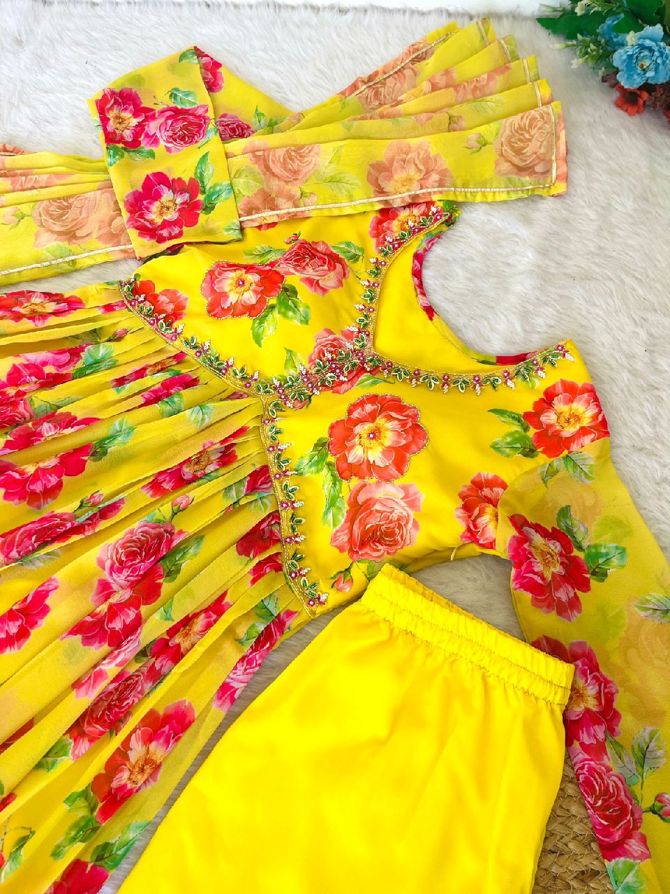 Spellbinding Yellow Faux Georgette Floral Handworked Anarkali Pant Suit
