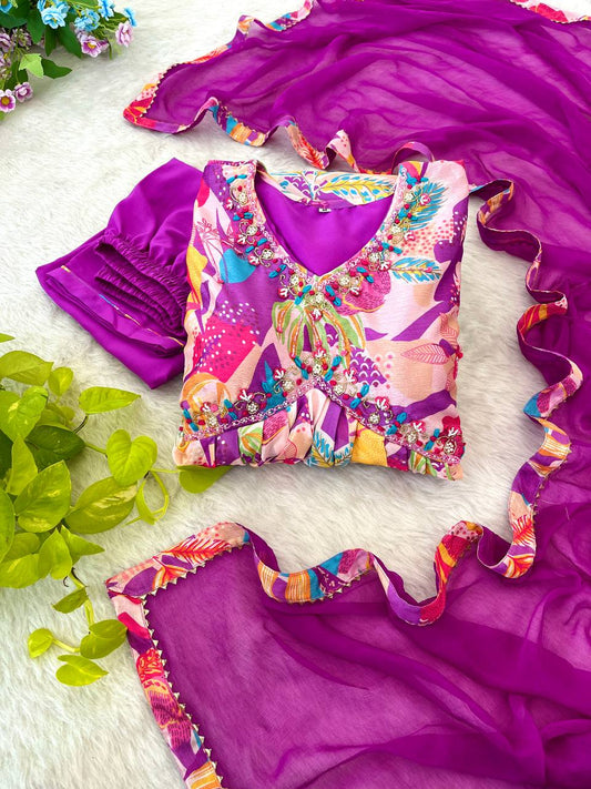 Spellbinding Soft Chinon Floral Printed Handworked Anarkali Pant Suit