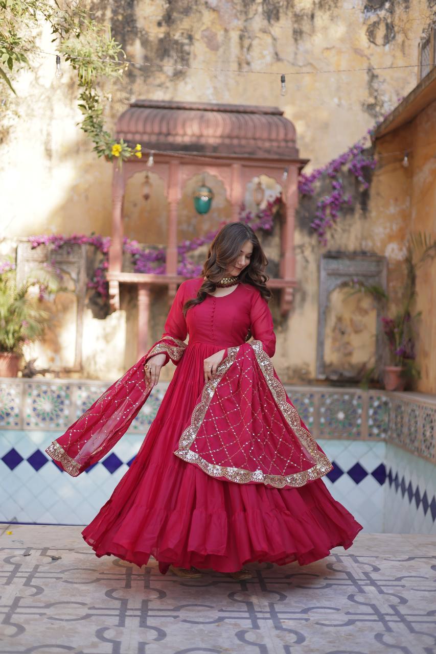 Sttuning 15 Mtr Flared Georgette Stitched Designer Ruffle Gown