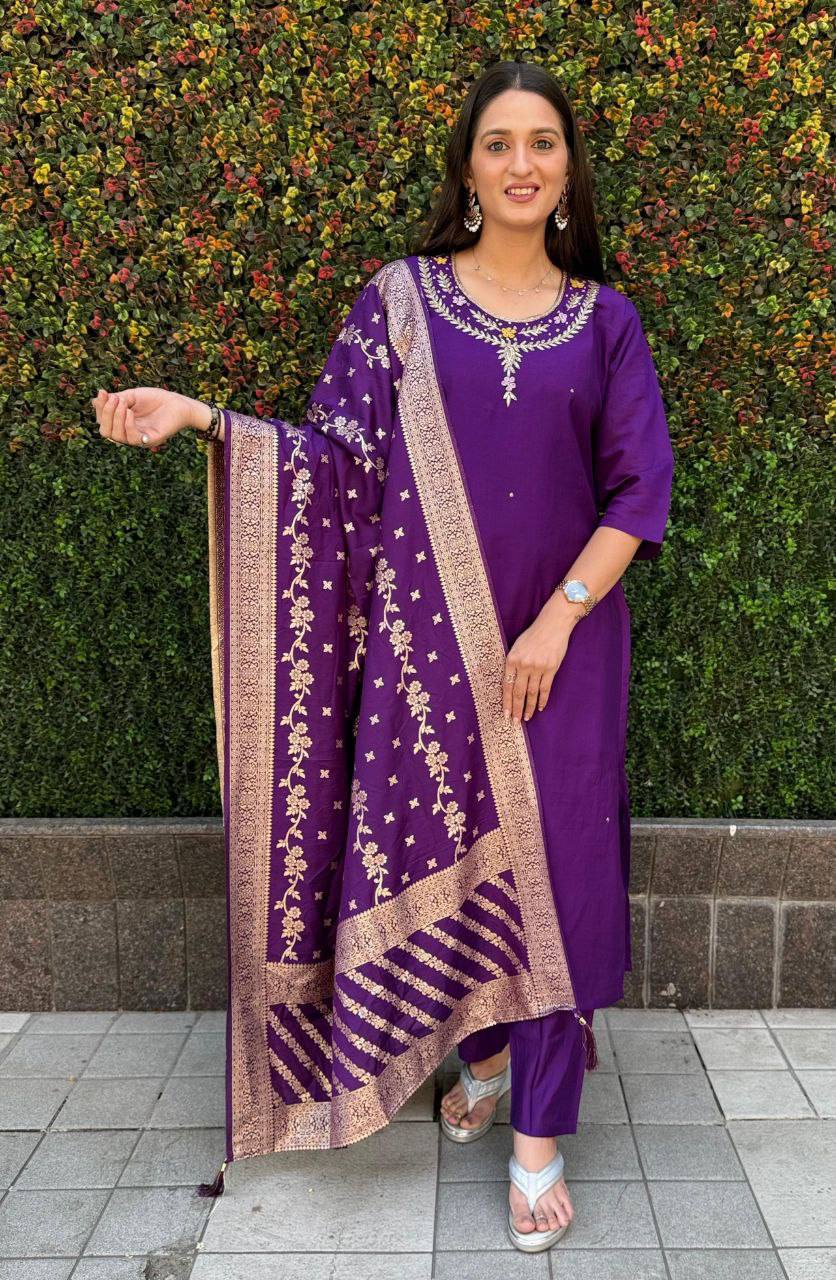 Radiant Purple Roman Silk Handworked Kurta Pant Dupatta Set