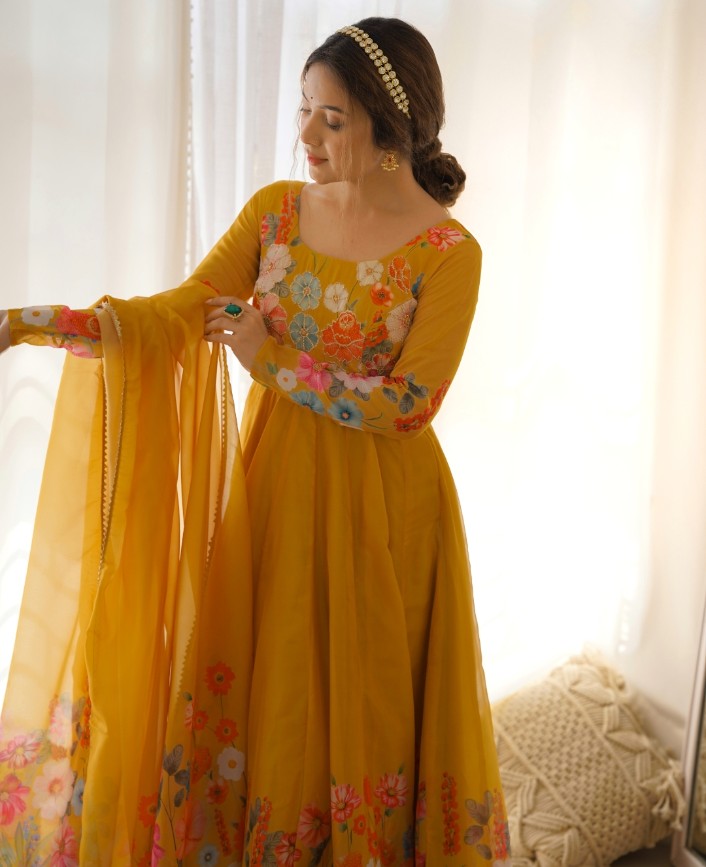 Breathtaking Organza Silk Floral Printed Designer Anarkali Pant Suit