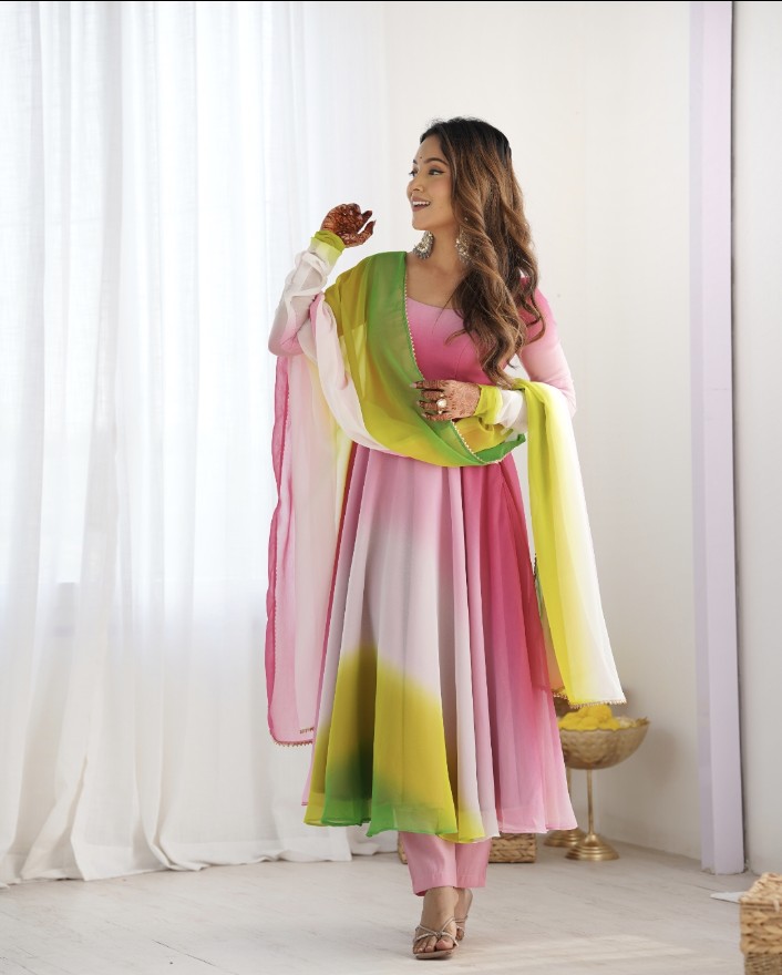 Spectacular Shaded Digital Printed Faux Georgette Anarkali Pant Suit