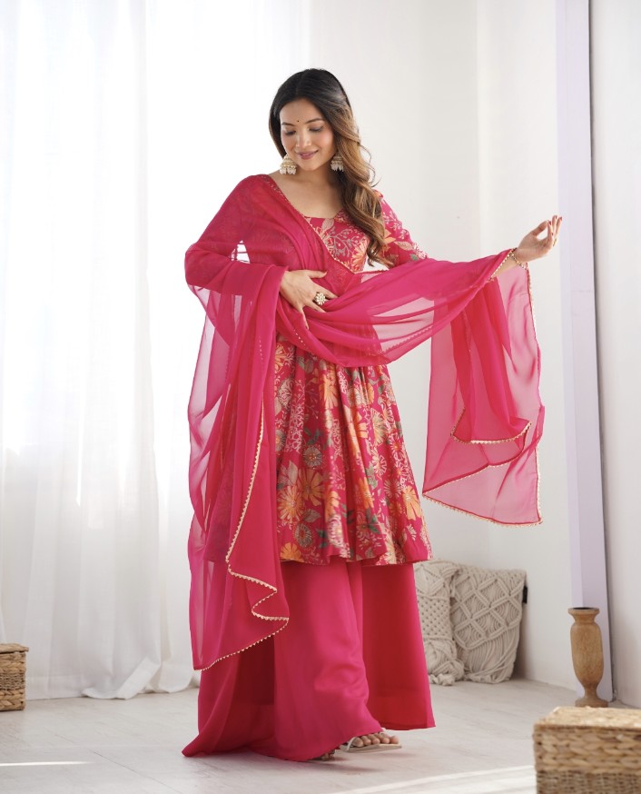 Exquisite Pure Soft Roman Silk Kediya Kurta Palazzo Set