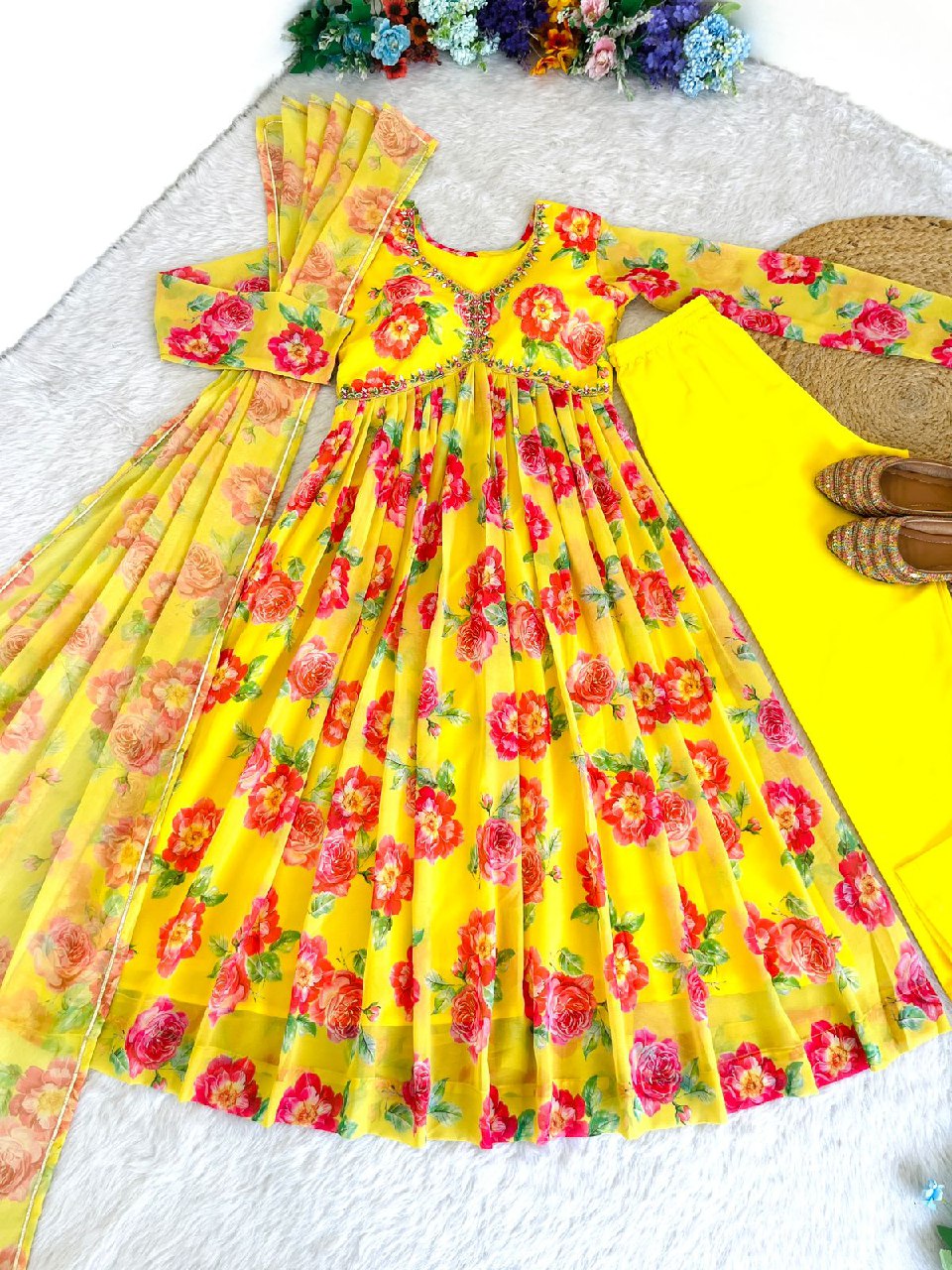 Spellbinding Yellow Faux Georgette Floral Handworked Anarkali Pant Suit
