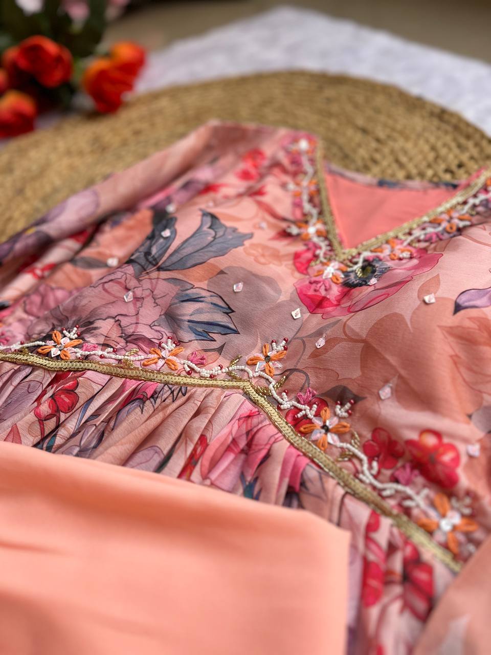 Mesmerizing Chinon Alia Cut Handworked Anarkali Pant Suit