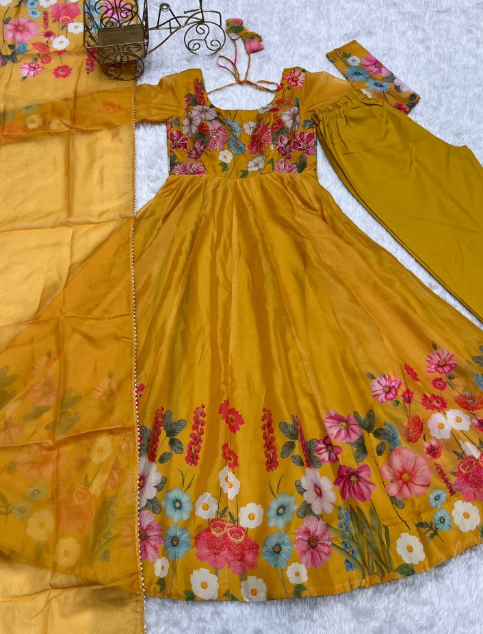 Breathtaking Organza Silk Floral Printed Designer Anarkali Pant Suit