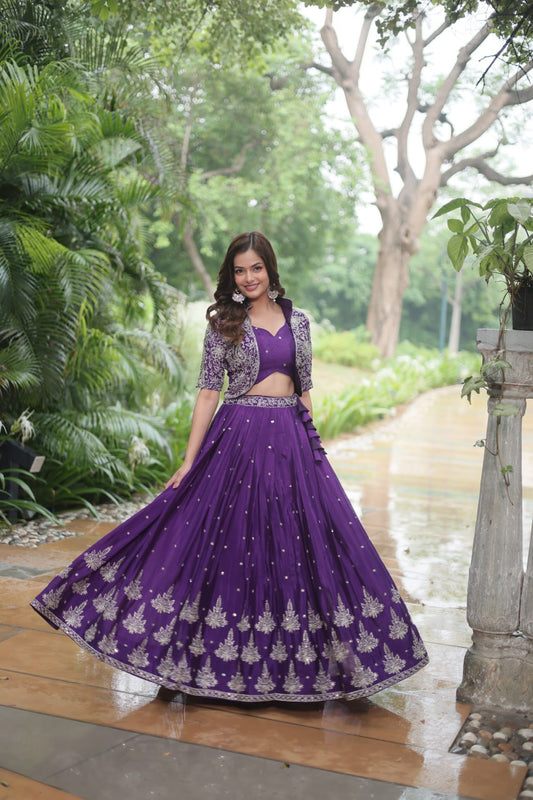 Ravishing Purple Pure Chinon Sequins Embroidered Top Koti Lehenga Set