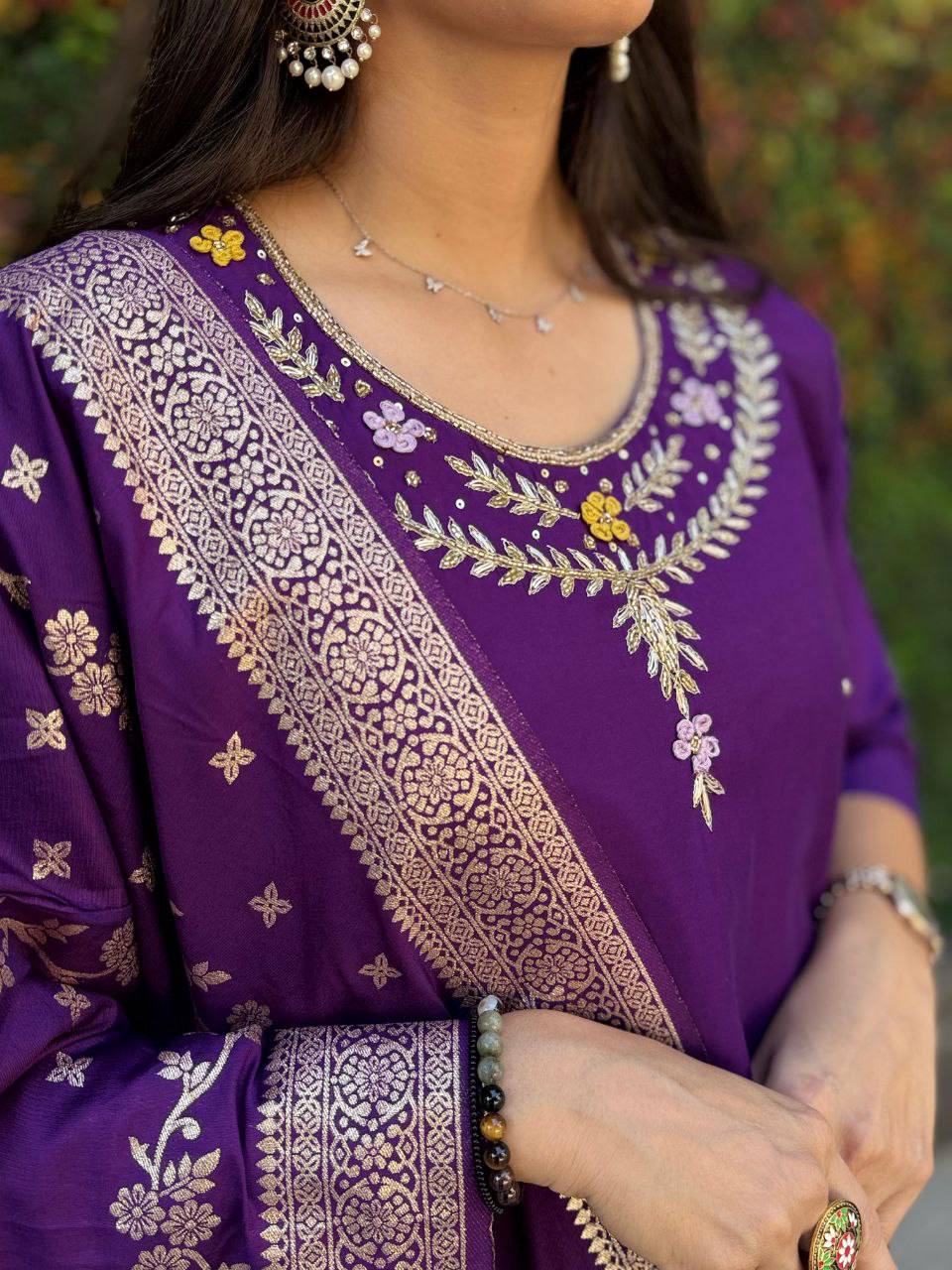 Radiant Purple Roman Silk Handworked Kurta Pant Dupatta Set