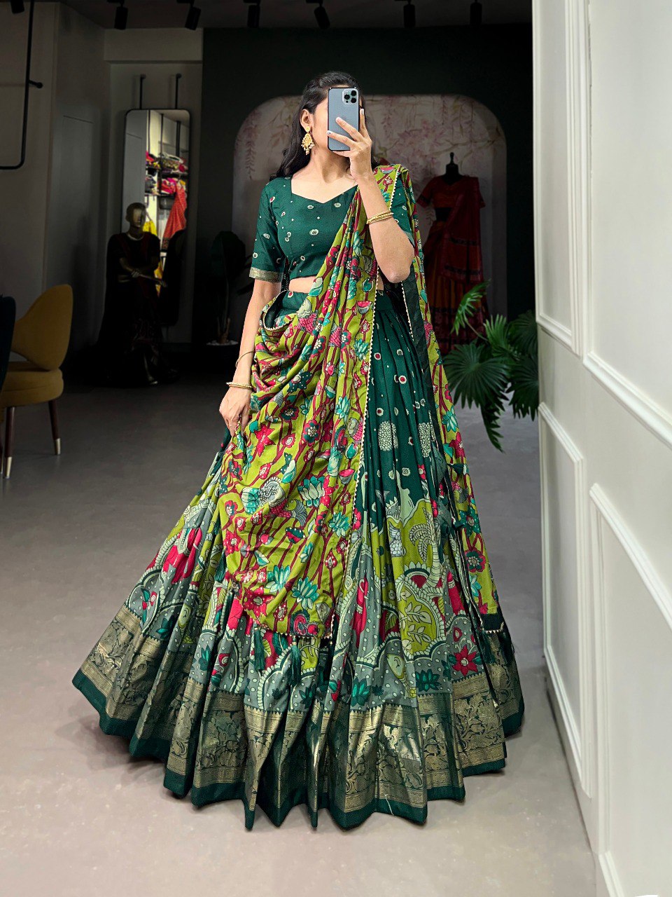 Stunning Tussar Silk Kalamkari Printed Foil Worked Lehenga Choli