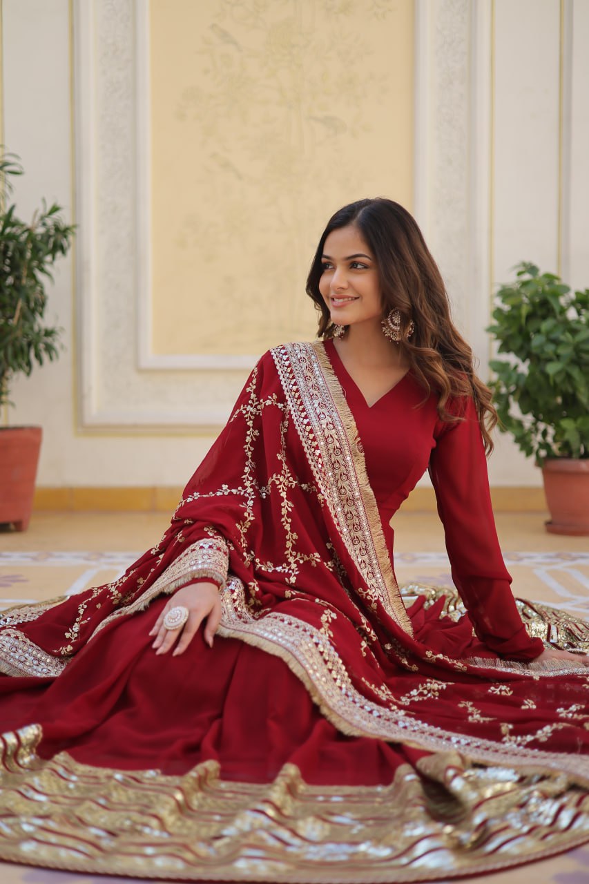Majestic Maroon Faux Georgette Sequins Embroidered Designer Gown