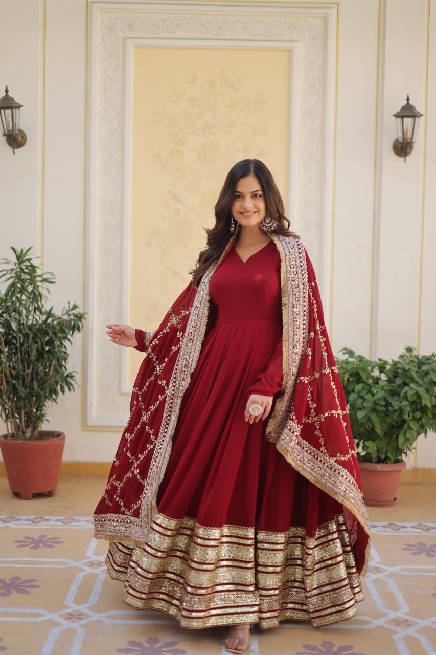 Majestic Maroon Faux Georgette Sequins Embroidered Designer Gown