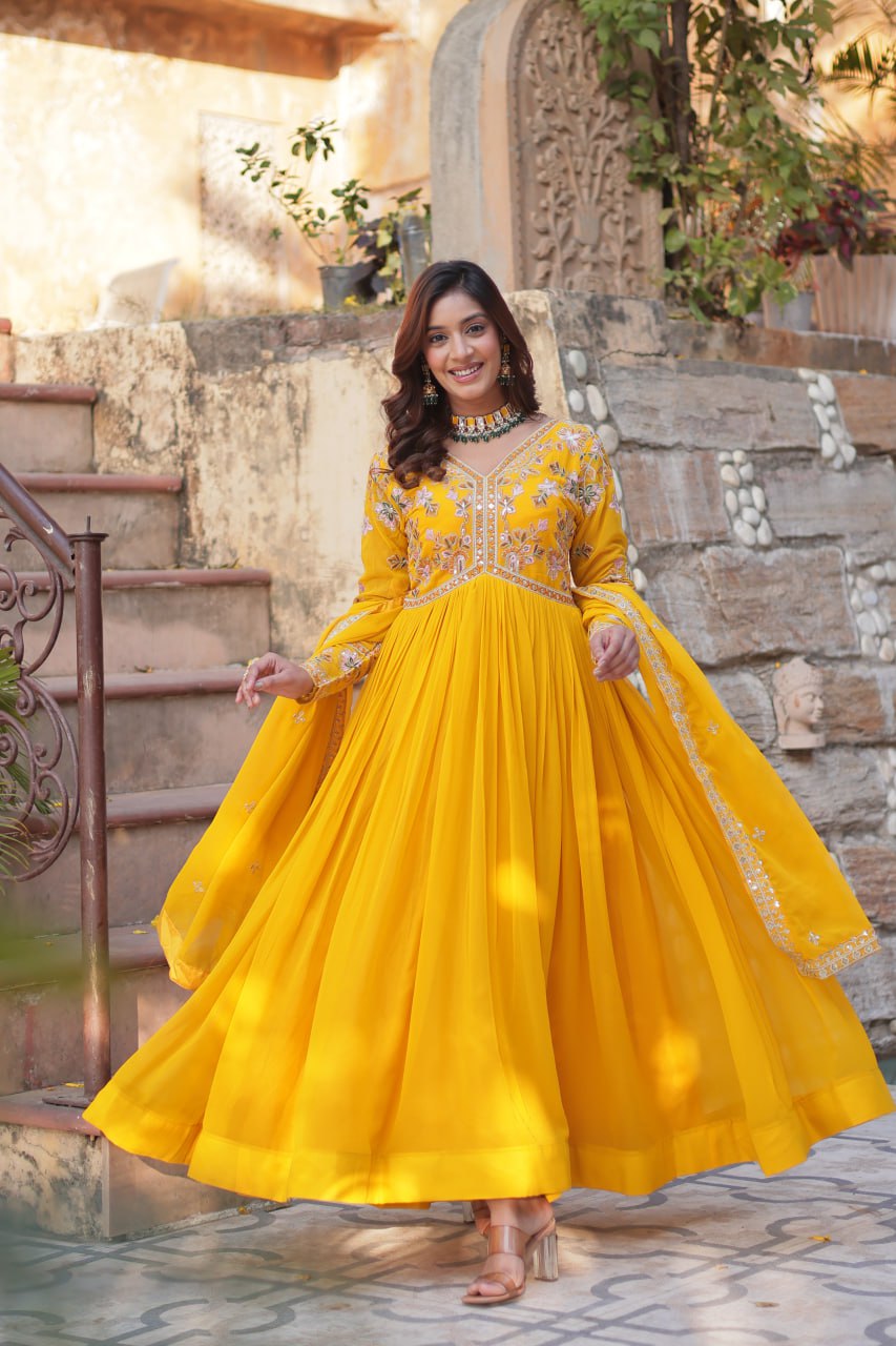 Magnificent Faux Georgette Zari Sequins Embroidered Gown With Dupatta