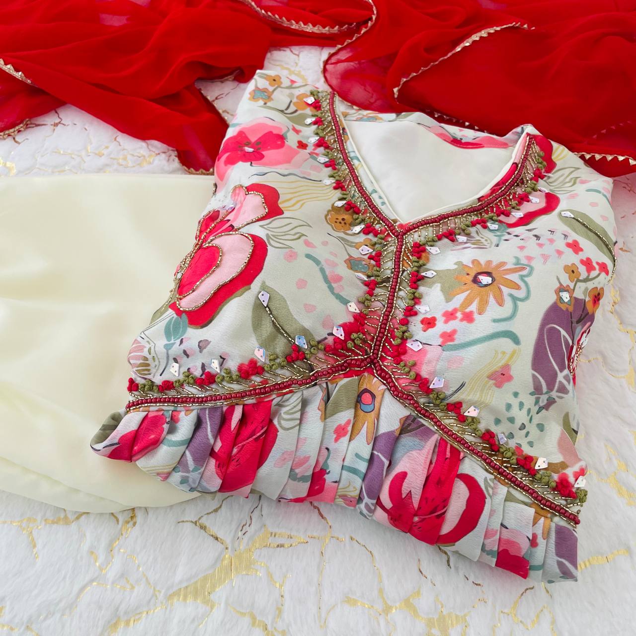 Graceful Soft Chinon Floral Printed Handworked Festive Wear Suit