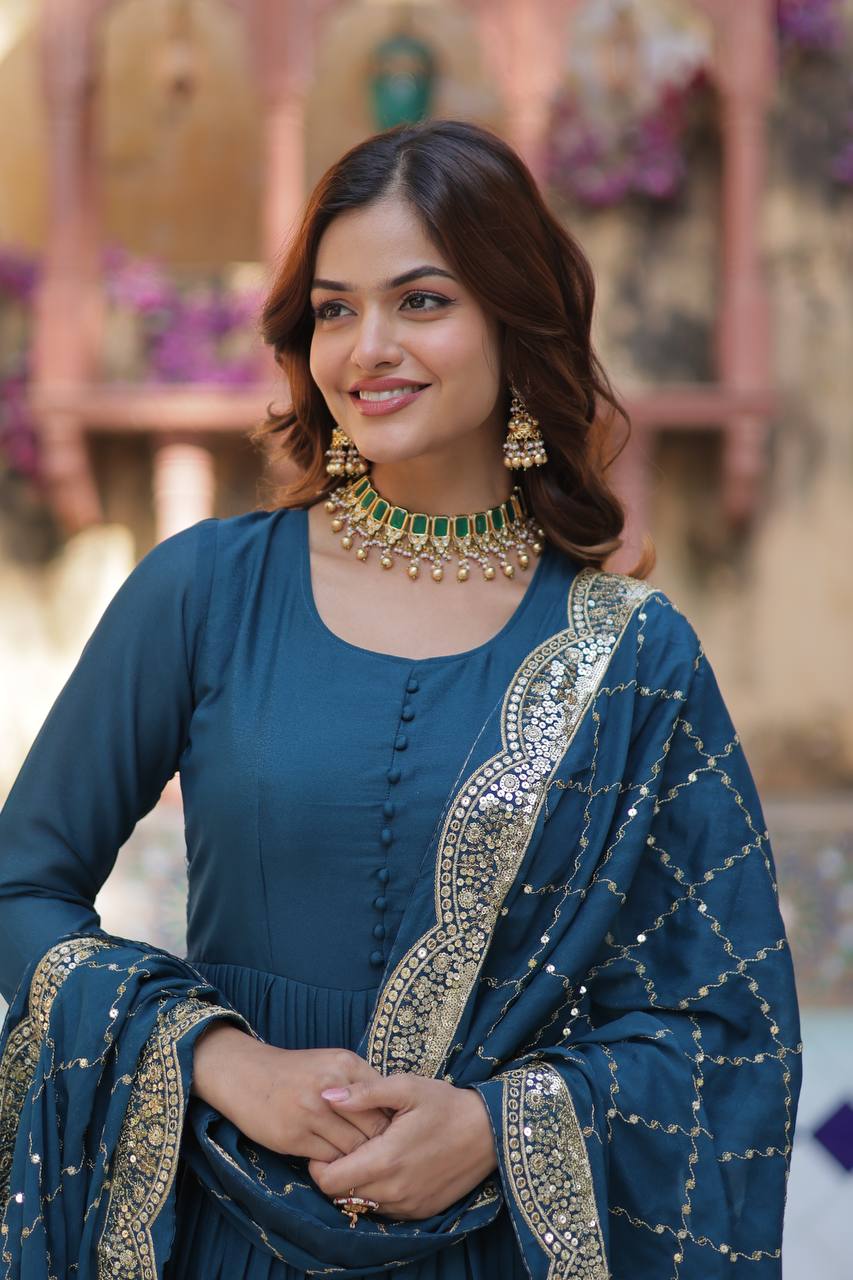 Sttuning 15 Mtr Flared Georgette Stitched Designer Ruffle Gown