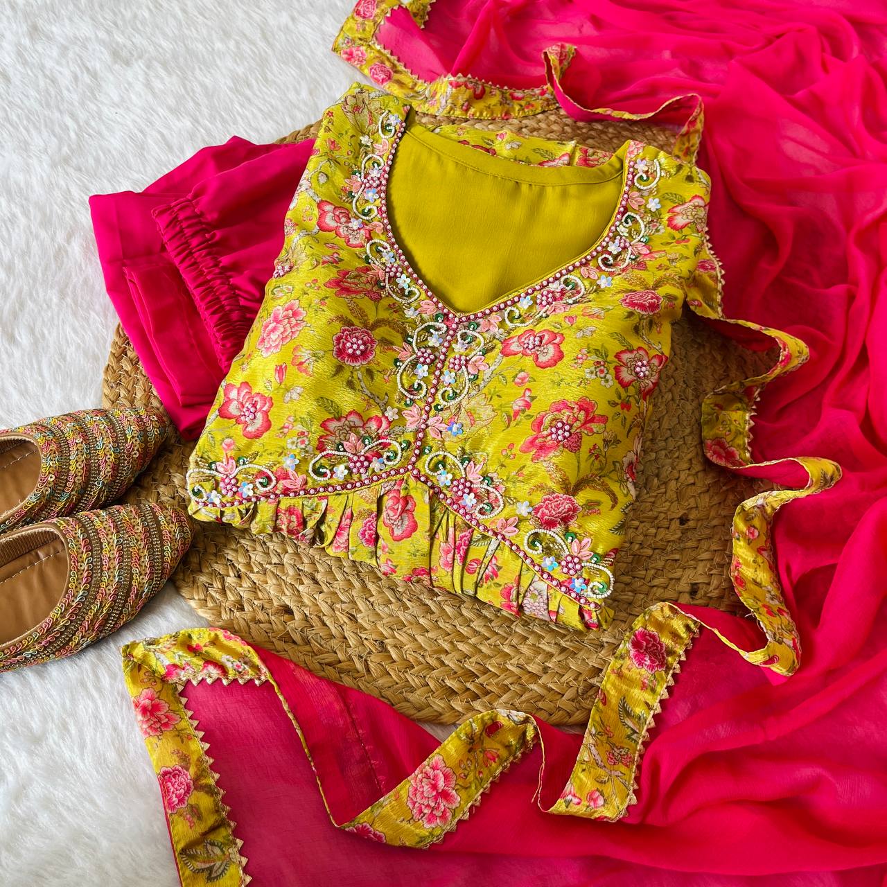 Hypnotic Yellow Soft Chinon Floral Printed Handworked Anarkali Pant Suit