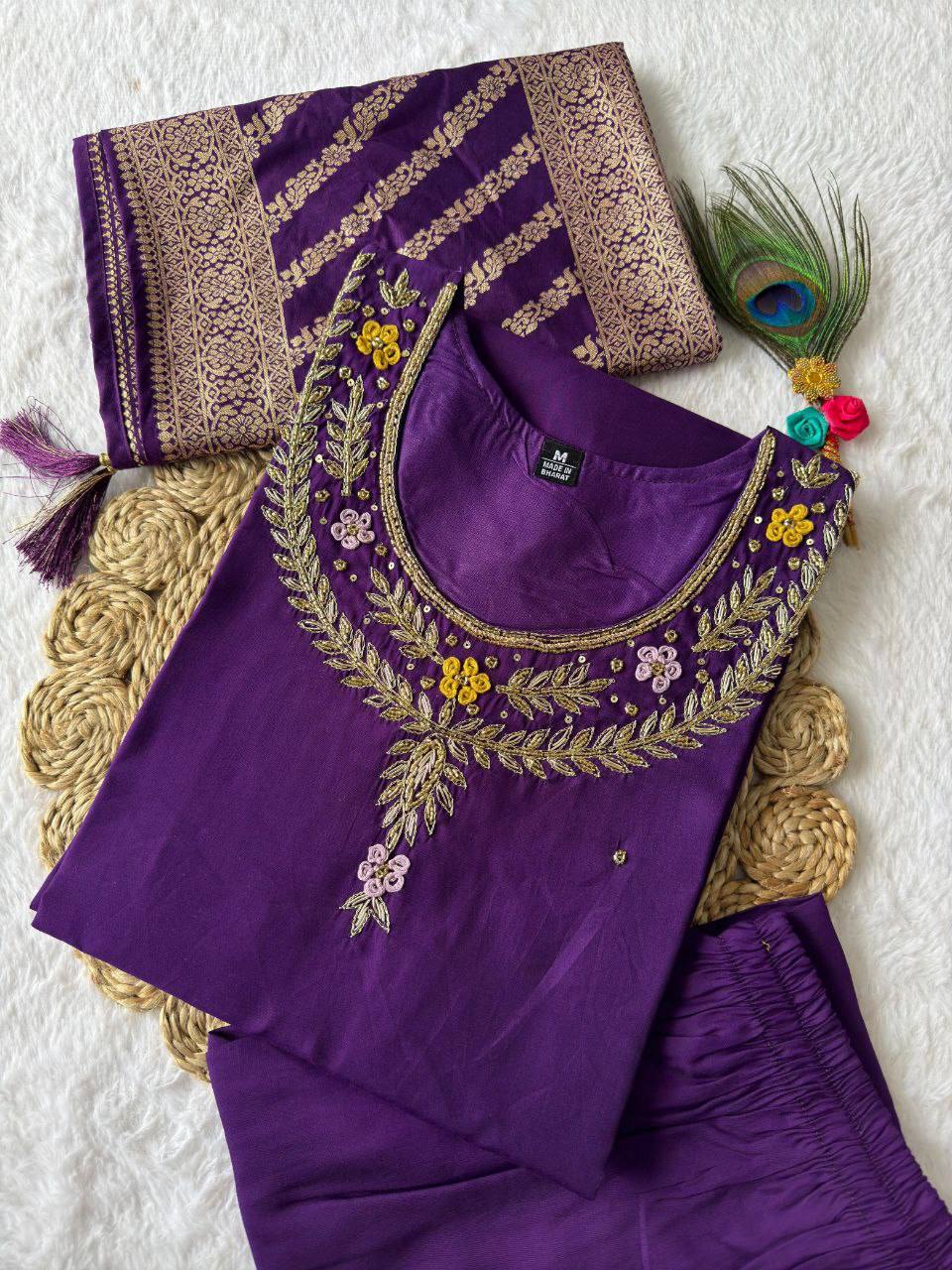 Radiant Purple Roman Silk Handworked Kurta Pant Dupatta Set