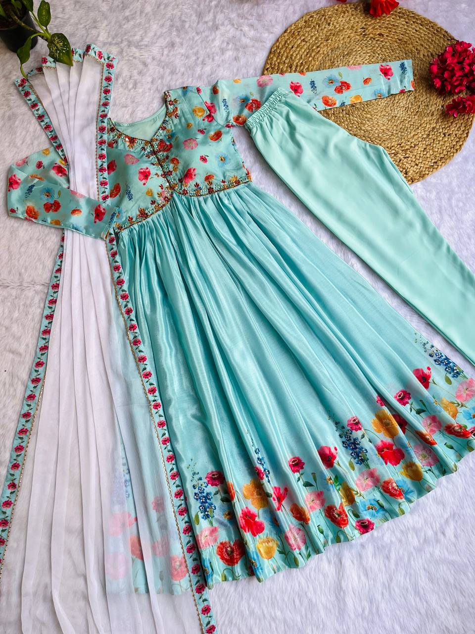 Ravishing Sky Blue Soft Chinon Floral Printed Handworked Anarkali Pant Suit